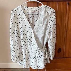 LOFT White and Black Polka Dot Wrap Blouse